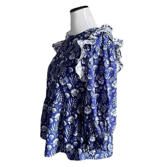 Universal Thread Blue Floral Print Puff 3/4 Sleeve Ruffle Top Blouse Size Small - Picture 8 of 16